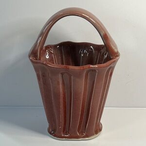 Studio Art Pottery Elegant Cranberry Ceramic Basket Vase
